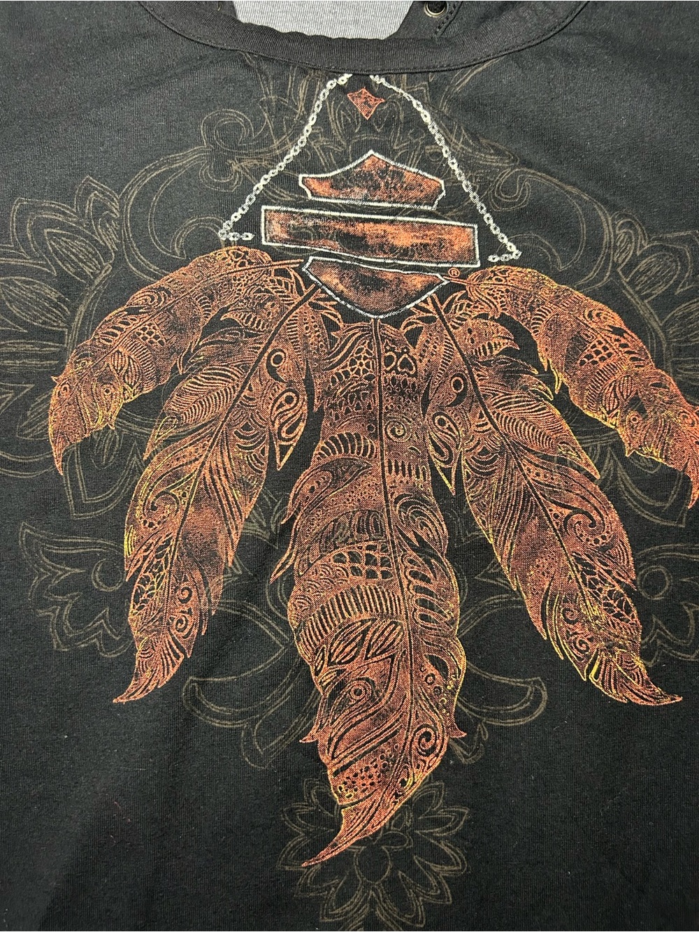 Harley-Davidson Black Lace-Up Camisole Tank with Rust Feather Graphic - Picture 2 of 9